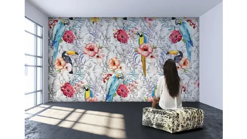 Carta da parati vinilica con fiori, pappagalli e tucani Rio Grande di Instabilelab