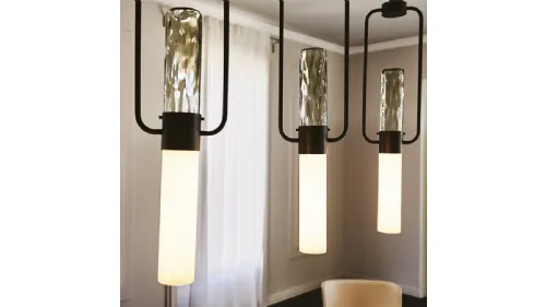 Lampada a sospensione in ferro brunito con paralume in vetro Bamboo di Cattelan Italia