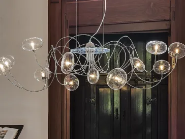 Lampada a sospensione con bracci cromati e paralumi in cristallo Oktopus di Cattelan Italia