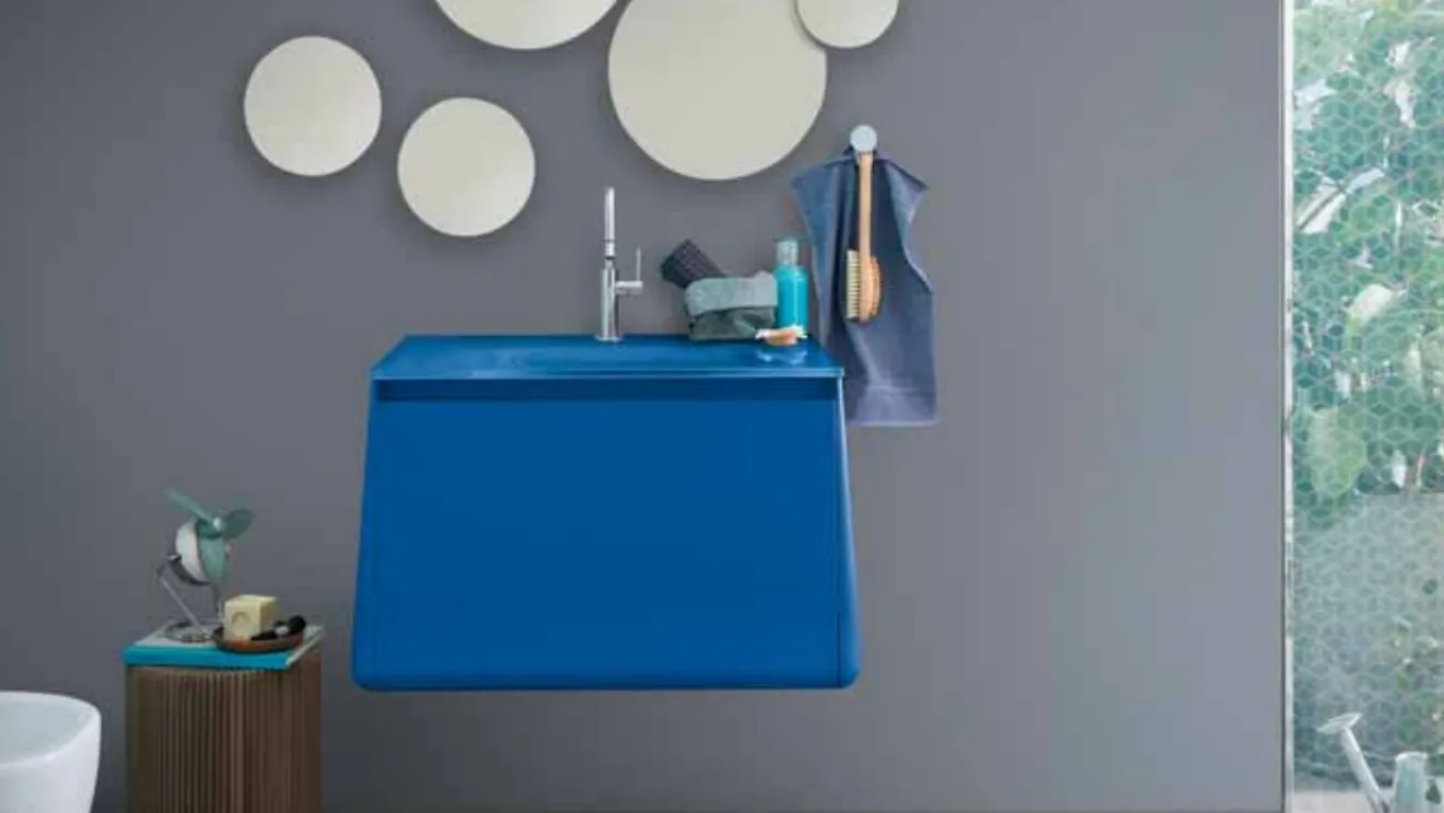Mobile bagno sospeso di design in laccato opaco blu genziana Campus 05 di Birex