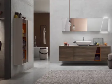 Mobile da Bagno sospeso in Olmo marrone con vano a giorno laccato Mattone opaco E-Ly 77 di Arcom