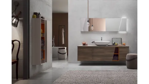 Mobile da Bagno sospeso in Olmo marrone con vano a giorno laccato Mattone opaco E-Ly 77 di Arcom