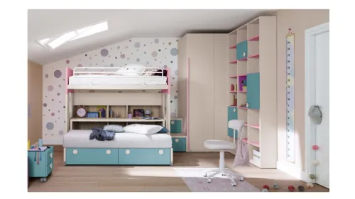 Cameretta in melaminico e laccato azzurro e rosa Alpha Letto a Castello B030 di Doimo Cityline