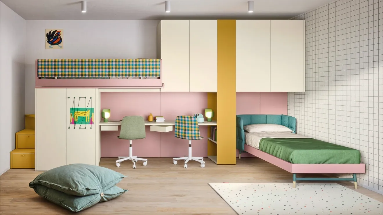 Cameretta a soppalco con scrivania Kids space 16 in melaminico di Nidi