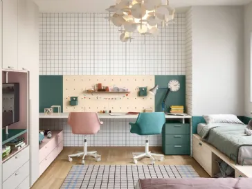 Cameretta componibile a 2 letti con scrivania a parete e armadio a muro Kids space 03 di Nidi