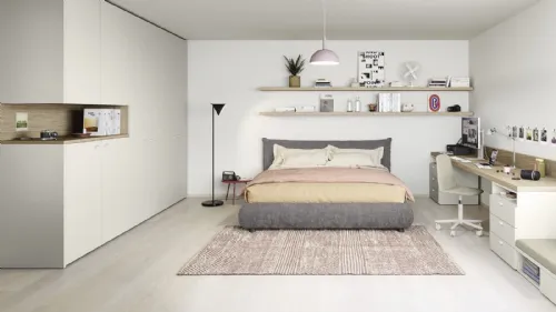 Cameretta componibile con letto matrimoniale in tessuto imbottito, scrivania e mensole Next space 08 di Nidi