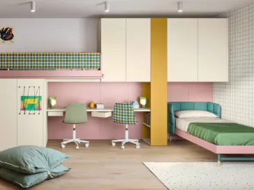 Cameretta in laccato opaco con letto ad angolo e a castello Kids space 16 di Nidi