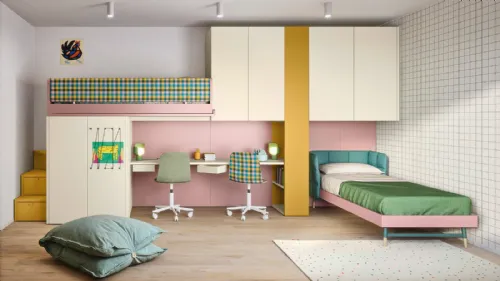Cameretta in laccato opaco con letto ad angolo e a castello Kids space 16 di Nidi