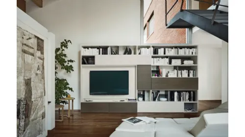Libreria con vano porta TV Modo M6C73 in laccato opaco e materico Loto natura di Sangiacomo