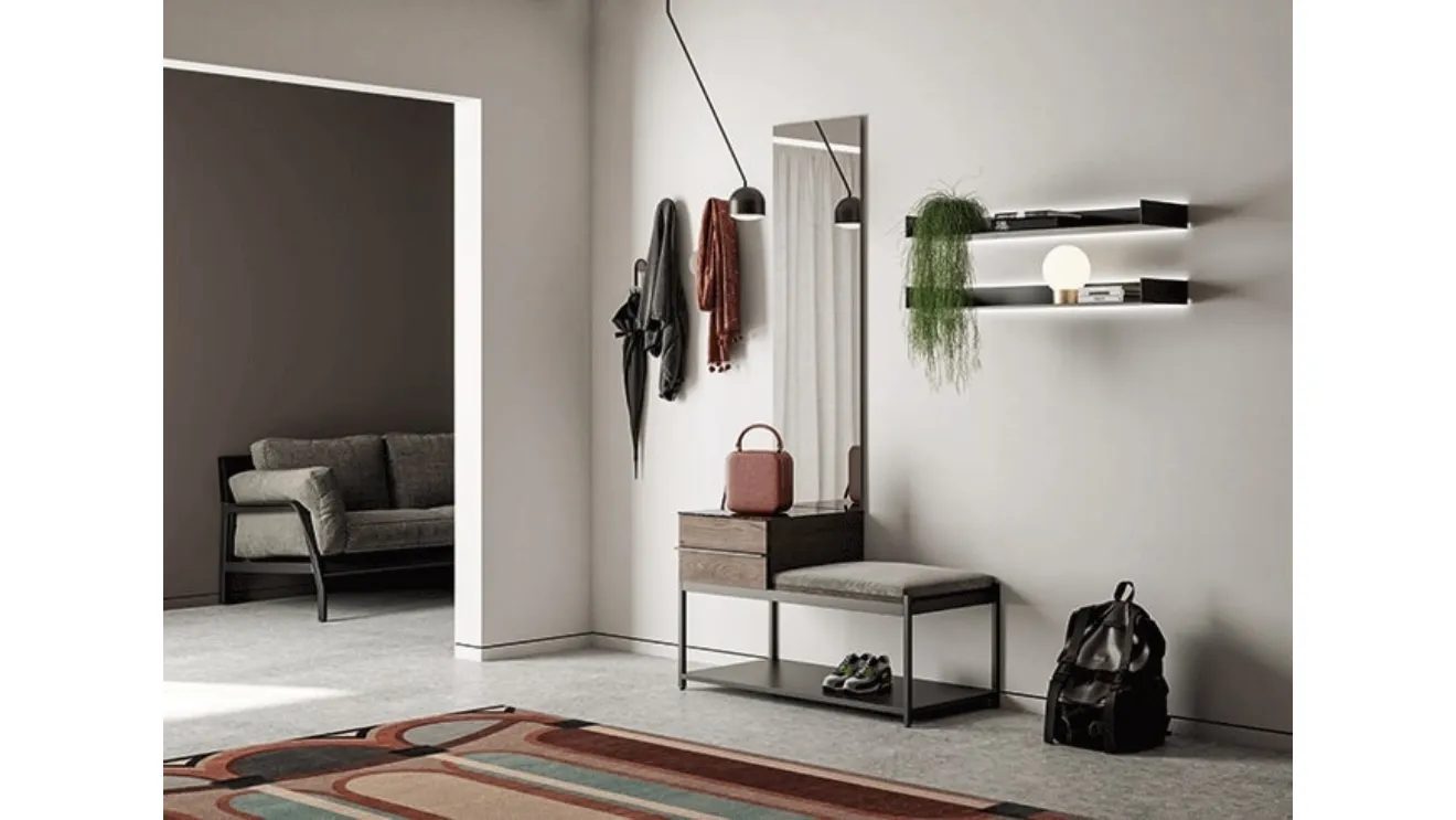 Mobile ingresso con specchiera in rovere e metallo con piano in gres effetto marmo Domì 02 di Birex