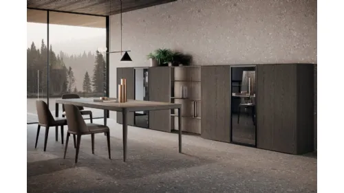 Parete Attrezzata Bluna Legno 02 in rovere grigio e vetro di Binova