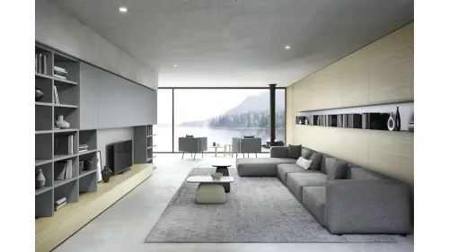 Parete Attrezzata Boiserie 05 in laccato opaco e legno impiallacciato Rovere Chiaro di Novamobili