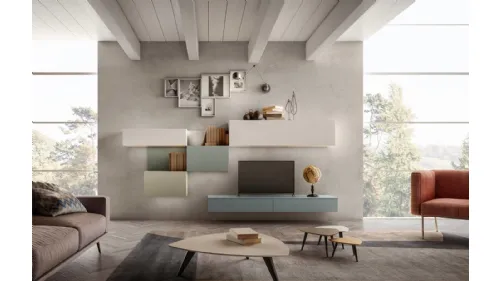 Parete Attrezzata in legno laccato opaco nebbia, verde oliva, verde muschio e carta da zucchero Living 02 di Arredo3