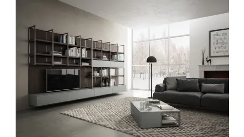 Parete Attrezzata sospesa in laccato opaco grigio e Noce bruno Living 03 di Arredo3