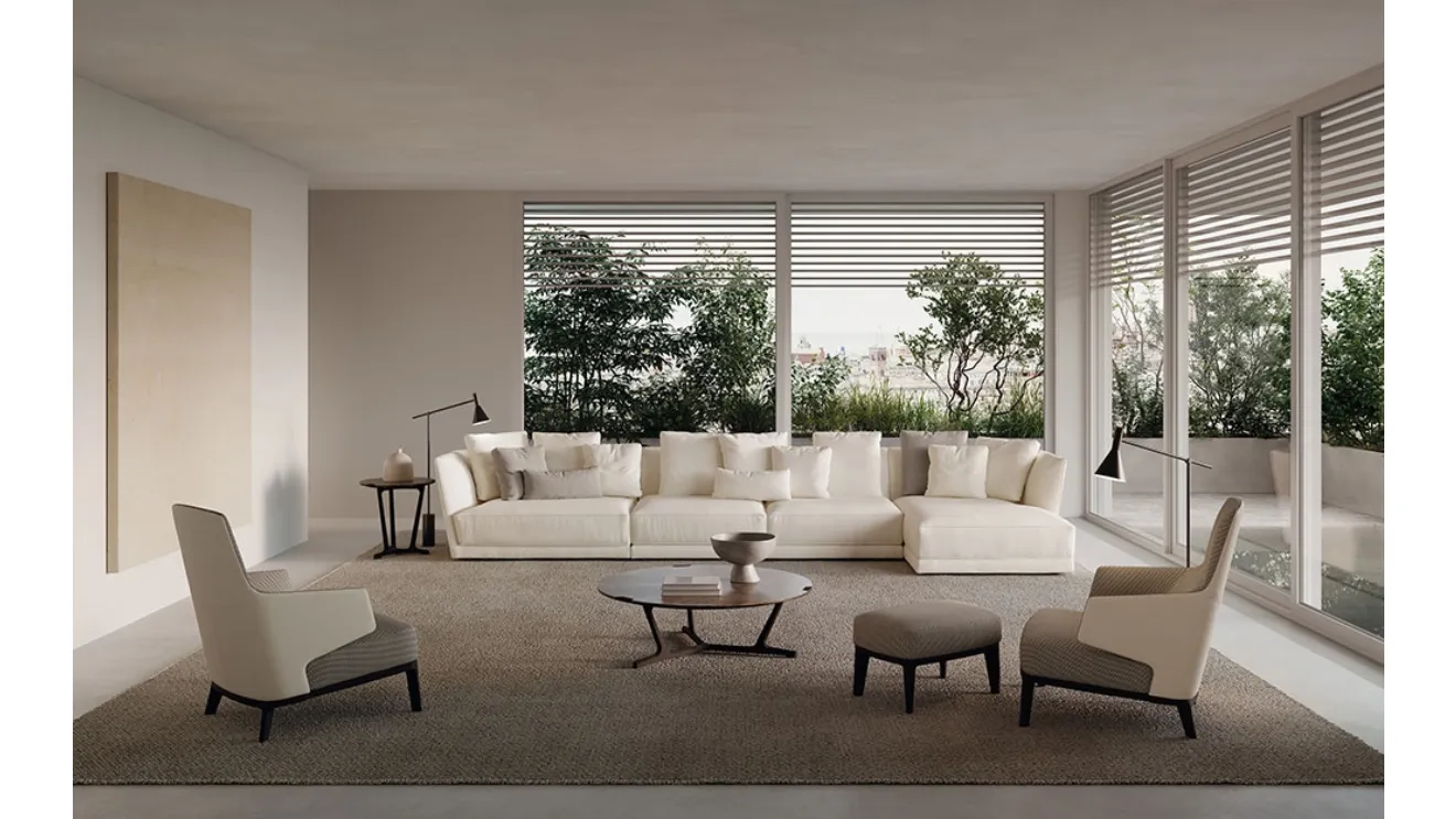 Divano confortevole con penisola in tessuto bianco Foster di Frigerio