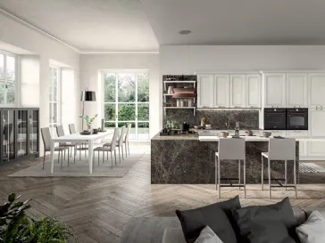 Cucina Classica angolare con penisola in legno di Frassino laccato Bianco a poro aperto e laminato effetto marmo Emma di Arredo3