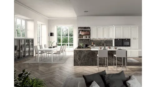 Cucina Classica angolare con penisola in legno di Frassino laccato Bianco a poro aperto e laminato effetto marmo Emma di Arredo3