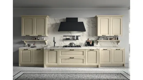 Cucina Classica lineare in legno di Frassino finitura decapè Avorio e top in Dekton effetto marmo Emma di Arredo3