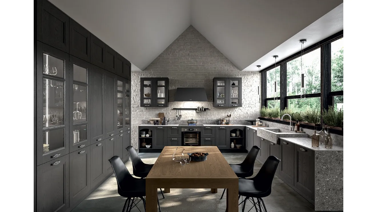 Cucina Classica angolare Gioiosa in legno di Frassino laccato Vulcano a poro aperto e top in Infinity Milan Stone, agglomerato di minerali compatto e impermeabile di Arredo3