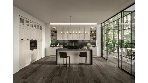 Cucina Classica con isola in legno di Frassino finitura Juta decapè e top in Dekton Verona di Arredo3