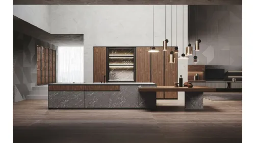 Cucina Design con isola in hpl finitura pietra Alicante e Noce Canaletto Avola di Binova