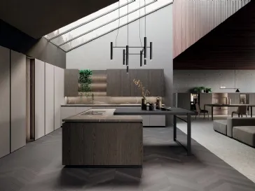 Cucina Design con isola e penisola in rovere grigio e bilaminato pietra piasentina Bluna Legno di Binova