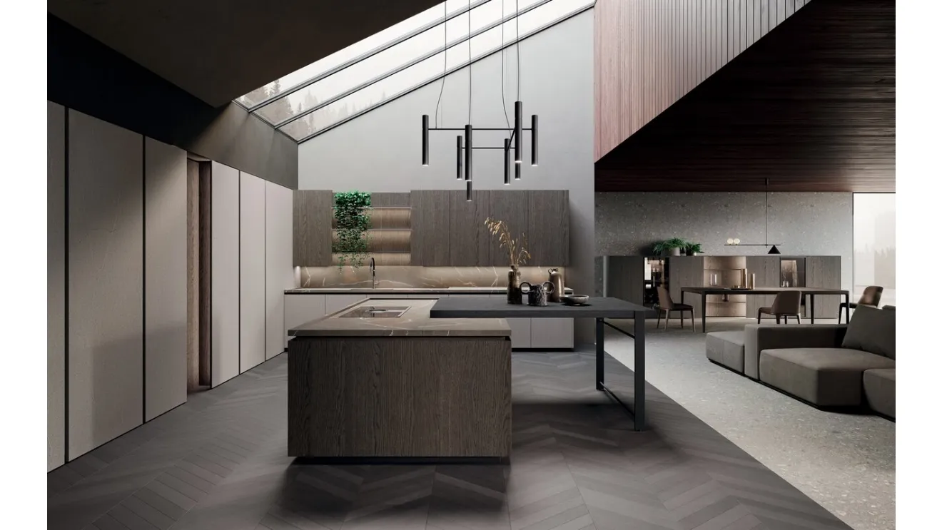 Cucina Design con isola e penisola in rovere grigio e bilaminato pietra piasentina Bluna Legno di Binova