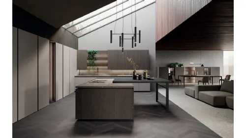 Cucina Design con isola e penisola in rovere grigio e bilaminato pietra piasentina Bluna Legno di Binova