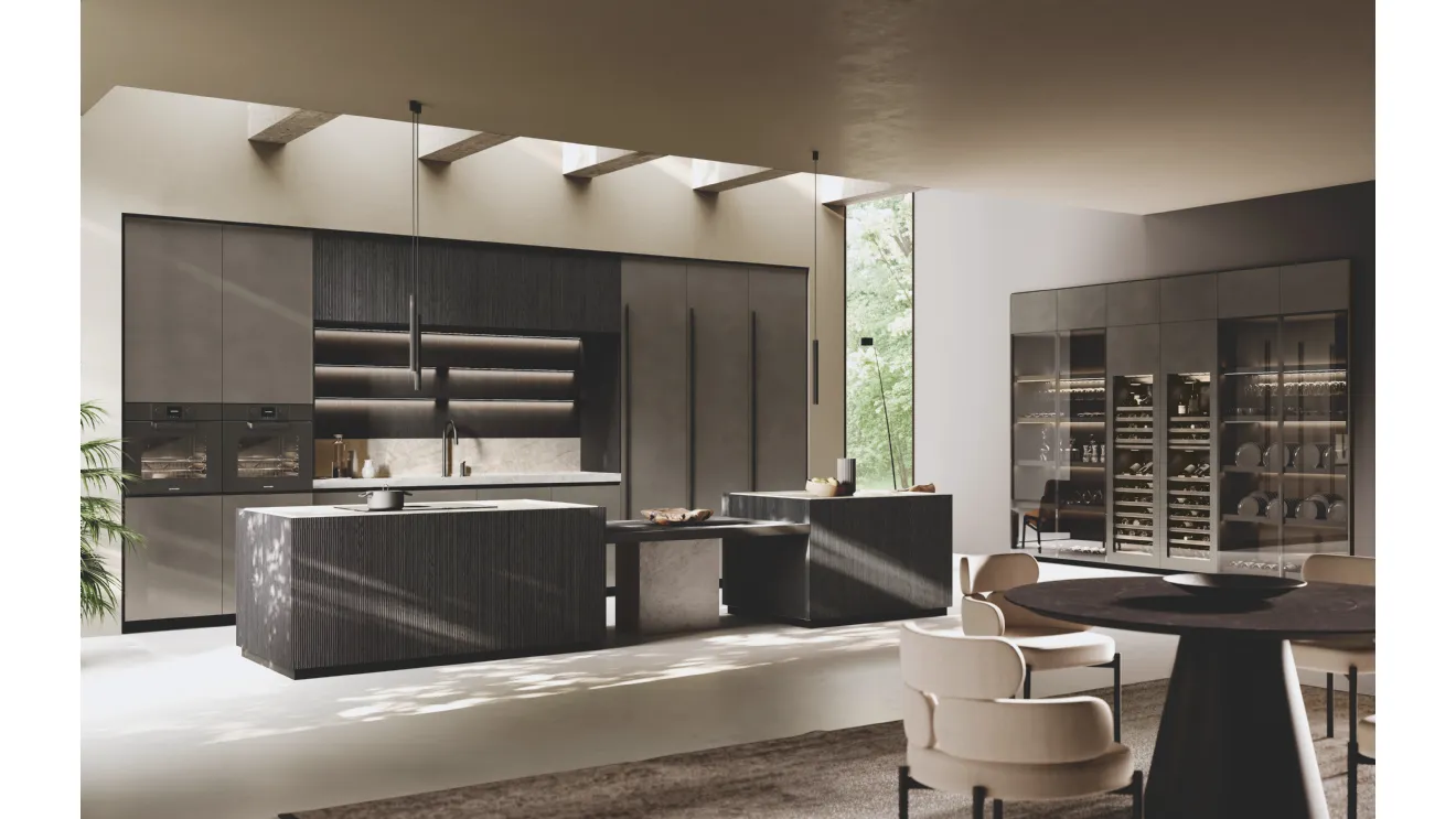 Cucina Design in laccato Metal con isola Bluna Legno Rigato di Binova