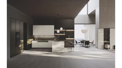 Cucina Design con penisola Bluna Tech Opaco in laccato e bilaminato legno Rovere di Binova
