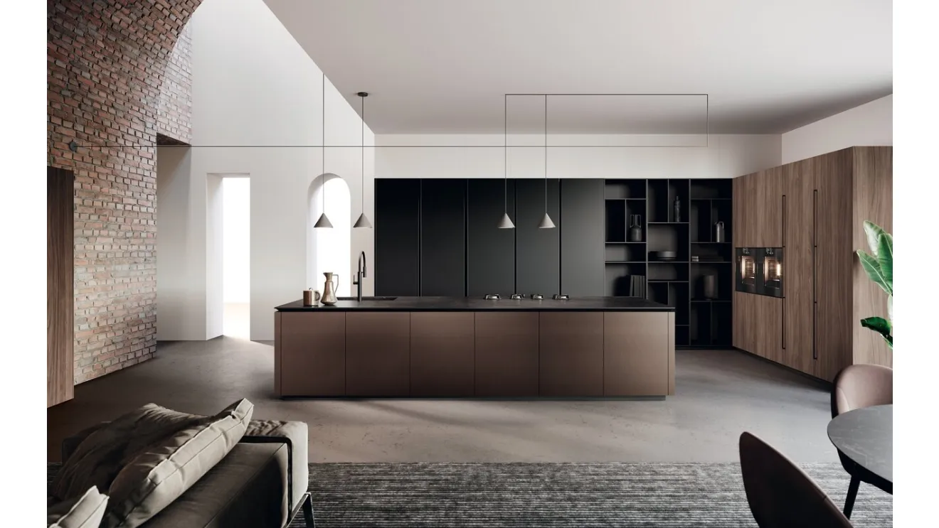 Cucina Design in laccato finitura alluminio e top in gres con isola Lab di Binova