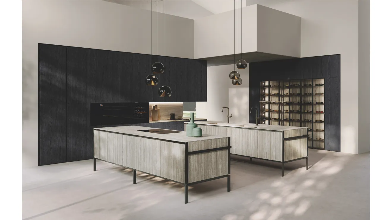 Cucina Design in bilaminato Rovere Black con doppia isola Lab Grès di Binova