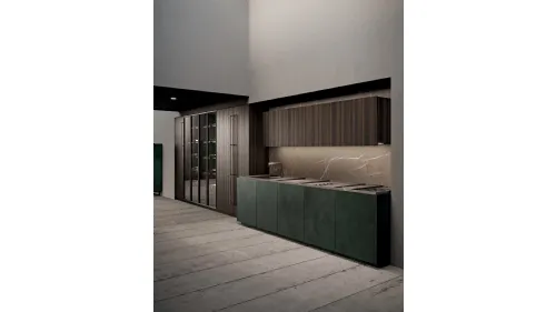 Cucina Design in laccato e bilaminato effetto legno con top in gres Scava di Binova