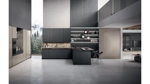 Cucina Design con isola Vogue Legno in laccato opaco, gres e rovere di Binova