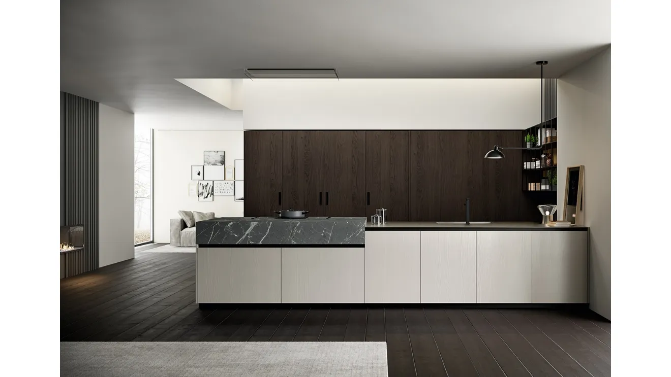 Cucina Moderna lineare Asia in laccato poro aperto Nebbia con colonne in Rovere ebano impiallacciato e top in HPL finitura Pietra Piasentina di Arredo3
