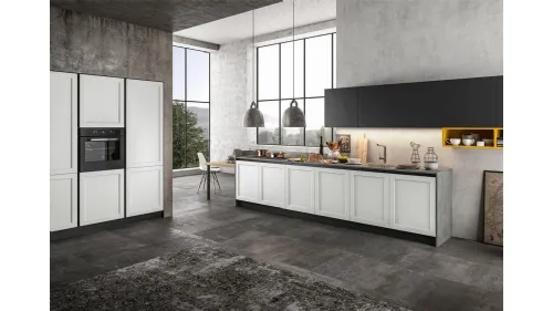 Cucina Moderna lineare in Pet opaco Bianco, pensili in laccato Nero e top in laminato Grigio Frame di Arredo3
