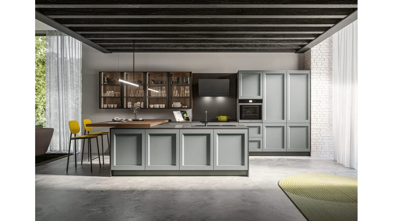 Cucina Moderna con isola in laccato poro aperto Grigio perla e penisola in finitura Rovere safari Frida Modern di Arredo3