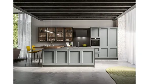 Cucina Moderna con isola in laccato poro aperto Grigio perla e penisola in finitura Rovere safari Frida Modern di Arredo3
