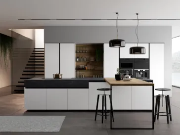 Cucina Moderna Glass 2 0 in vetro opaco bianco puro con penisola in laminato Noce Imperial di Arredo3