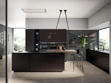 Cucina Moderna con isola in vetro opaco Caffè e penisola in impiallacciato Rovere safari Glass 2 0 di Arredo3