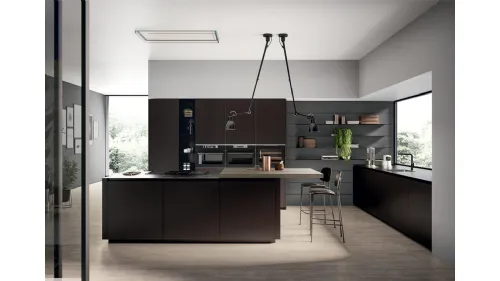Cucina Moderna con isola in vetro opaco Caffè e penisola in impiallacciato Rovere safari Glass 2 0 di Arredo3