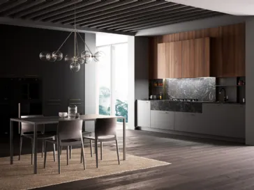 Cucina Moderna Kalì in laccato Lavagna opaco e laminato Noce America con top e schienali in laminato Pietra nera di Arredo3