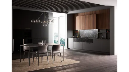 Cucina Moderna Kalì in laccato Lavagna opaco e laminato Noce America con top e schienali in laminato Pietra nera di Arredo3