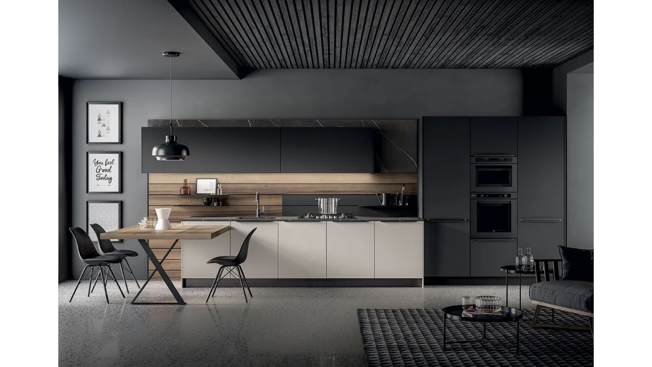 Cucina Moderna Kalì in laccato Fango e Nero opaco e laminato Noce America di Arredo3