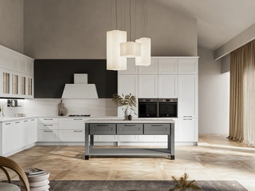 Cucina Moderna angolare Meg 03 in polimerico bianco e laccato fossile di Arredo3
