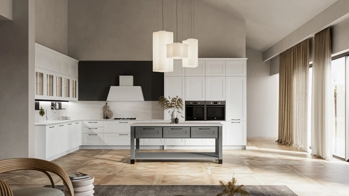 Cucina Moderna angolare Meg 03 in polimerico bianco e laccato fossile di Arredo3