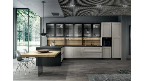 Cucina Moderna angolare con penisola in laccato opaco Nebbia, laminato Rovere biondo, vetro fumè e top in Fenix Nero Meg di Arredo3