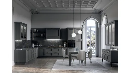 Cucina Moderna angolare in laccato opaco Grigio e top in laminam Nero Greco Meg di Arredo3