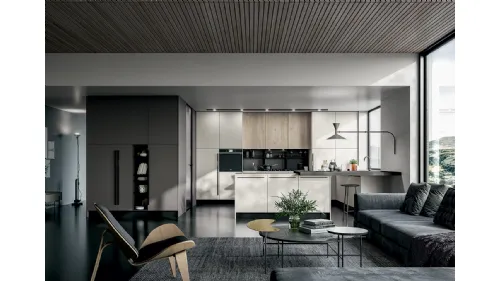 Cucina Moderna Round angolare con penisola in laminato Seta Bianco e Roccia con top in Quarzo di Arredo3