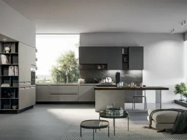 Cucina Moderna angolare in Pet opaco resina polvere, pensili in polimerico opaco lavagna e top in pietra grey con penisola Tekna di Arredo3